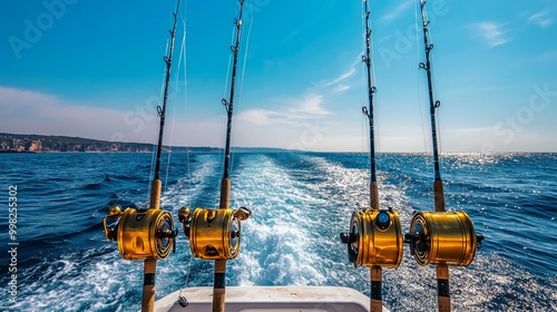 Obraz na płótnie Four fishing rods with golden reels ready for action on a boat against a vast blue sea and clear sky, depicting an ideal setting for deep-sea fishing. w salonie