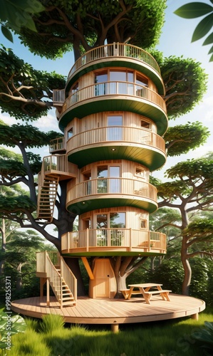 A tall tree house with a green roof and a wooden floor. The tree house is surrounded by trees and has a wooden deck