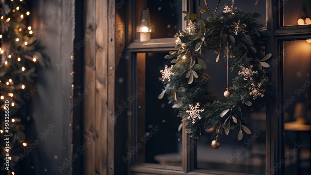 Festive Christmas Wreath on Window with Warm Holiday Lights Festive Christmas Wreath on Window with Warm Holiday Lights