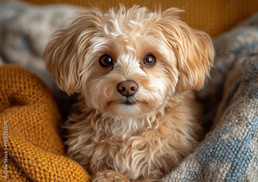 Fluffy Brown Maltipoo Sitting on Soft Surface in a Bright and Colorful Environment Fluffy Brown Maltipoo Sitting on Soft Surface in a Bright and Colorful Environment