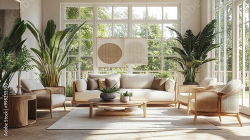 A spacious living room filled with natural light from large windows, featuring a comfy couch, stylish armchairs, and decorative plants, promoting a welcoming atmosphere.