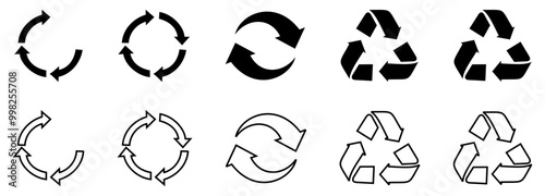 Set of recycle symbols for packaging products. Universal recycling and packing signs. Trash icons. Reuse cycle. Vector eco icons.