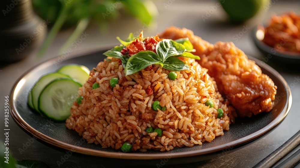 A steaming plate of spicy basil fried rice served with crispy fried chicken on the side, beautifully garnished with cucumber and lime, showcasing a delightful fusion of flavors
