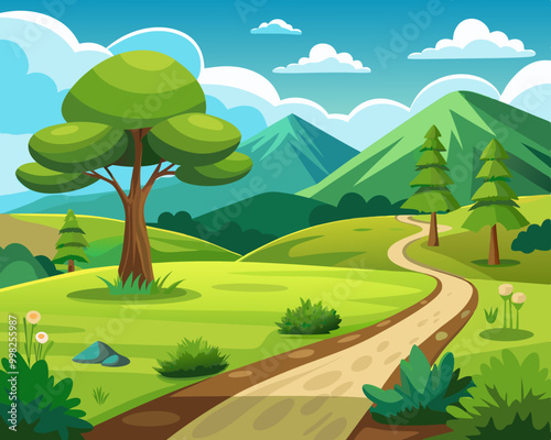 Beautiful nature landscape with green grass, hill, trees, and footpath vector illustration on a white background