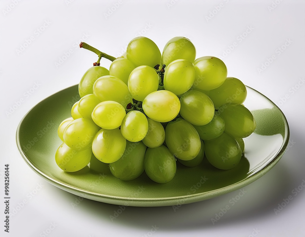 A plate of shiny green grapes on a clean white background