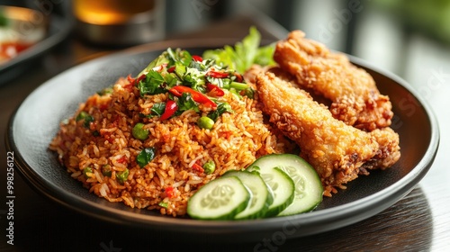 A steaming plate of spicy basil fried rice served with crispy fried chicken on the side, beautifully garnished with cucumber and lime, showcasing a delightful fusion of flavors