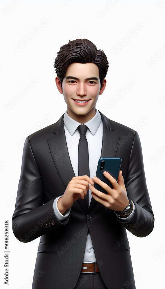 Business man in black suit working outfit stand up and holding smartphone looking at camera. Business man in black suit working outfit stand up and holding smartphone looking at camera.