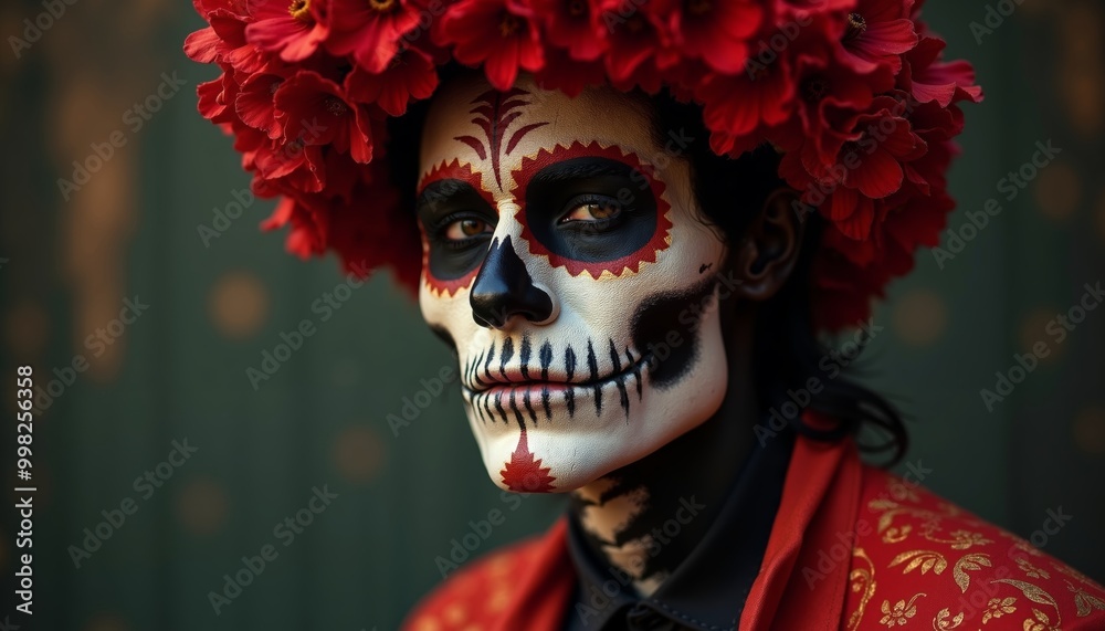 Man celebrating Day of the Dead with vibrant makeup and traditional attire during lively festival in Mexico