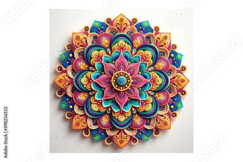 Colorful samaya 3D Mandala design, white background