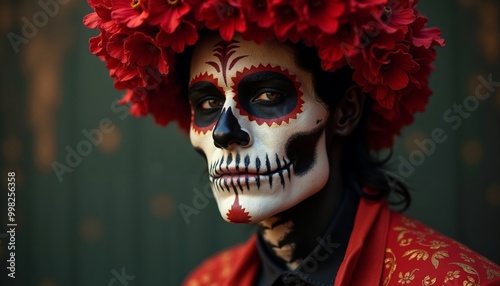 Man celebrating Day of the Dead with vibrant makeup and traditional attire during lively festival in Mexico