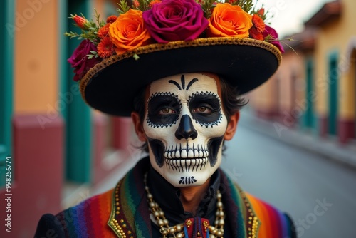 Hispanic man clebrating Dia de los Muertos with decorated participant in vibrant attire and traditional makeup photo