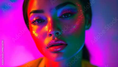 Glamorous Close-Up of Woman Adorned with Glitter Makeup Surrounded by Vibrant Neon Lights, Showcasing Fashion and Beauty in Creative Night Photography