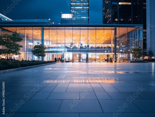 Modern glass building with a Halloween party inside sleek futuristic decorations