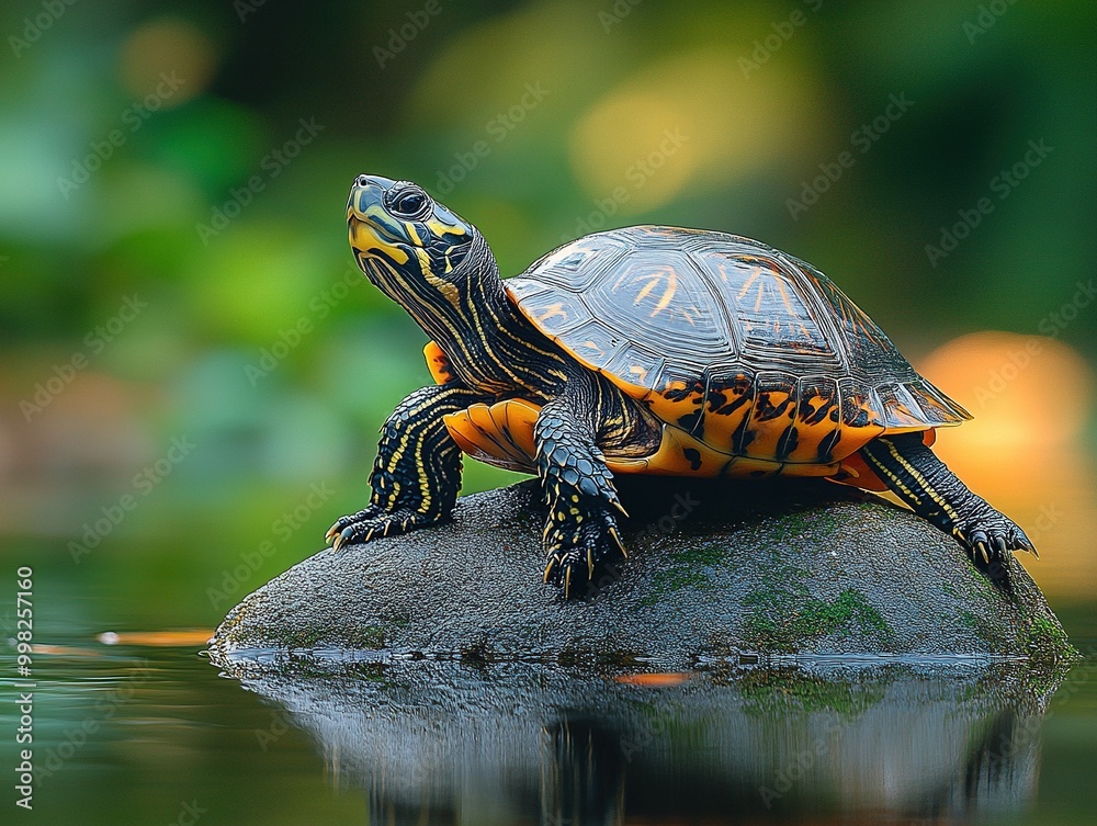 Serene Chinese Pond Turtle in Tranquil Reflection on Water Surface Surrounded by Lush Greenery Serene Chinese Pond Turtle in Tranquil Reflection on Water Surface Surrounded by Lush Greenery