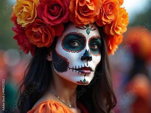 Young woman celebrating the Day of the Dead with vibrant costume and traditional face painting in festive atmosphere