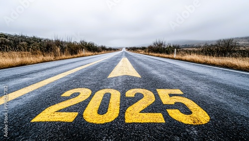 New year 2025 straightforward for environmental sustainability concept. Text 2025, save the world, leaf icon on the road in the middle of asphalt road at sunset. Ecological balance, sustainability.