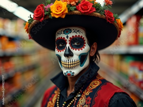 Celebrating Day of the Dead with vibrant traditional attire and ornate skull makeup in a festive atmosphere of food market