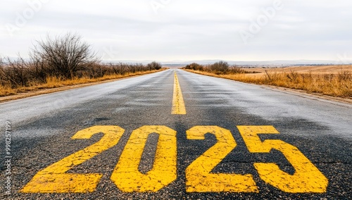 New year 2025 straightforward for environmental sustainability concept. Text 2025, save the world, leaf icon on the road in the middle of asphalt road at sunset. Ecological balance, sustainability.