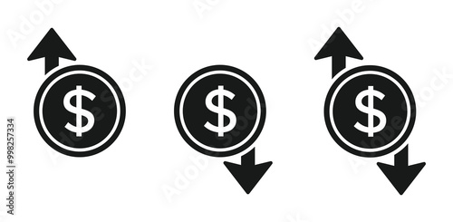 Cost reduction and increase icons. Dollar rate decrease and increase flat vector icons set. Dollar rate decrease and increase icon