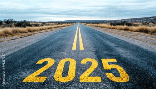 New year 2025 straightforward for environmental sustainability concept. Text 2025, save the world, leaf icon on the road in the middle of asphalt road at sunset. Ecological balance, sustainability.