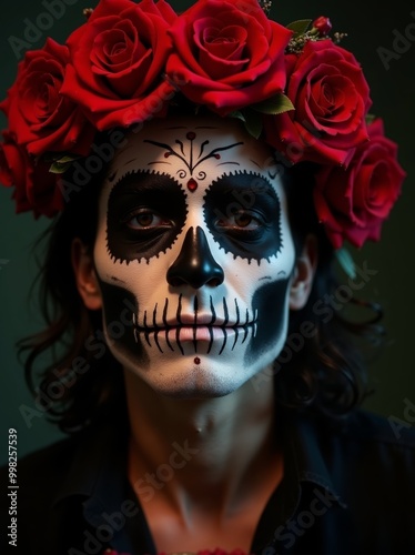 Celebrating Dia de los Muertos with traditional skull face paint and roses in vibrant decorations