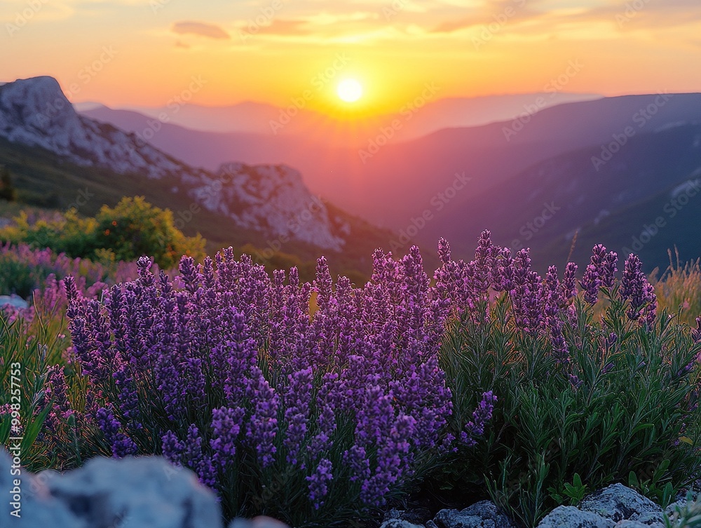 Fototapeta premium Serene Sunset Over Mountains with Warm Hues Creating a Tranquil Atmosphere in Nature's Beauty