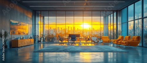 Sleek Modern Glass Partition in Vibrant Office Space Enhancing Contemporary Interior Design Aesthetics photo