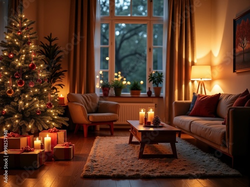 Cozy Christmas living room decorated with tree, candles, and gifts for festive holiday celebration