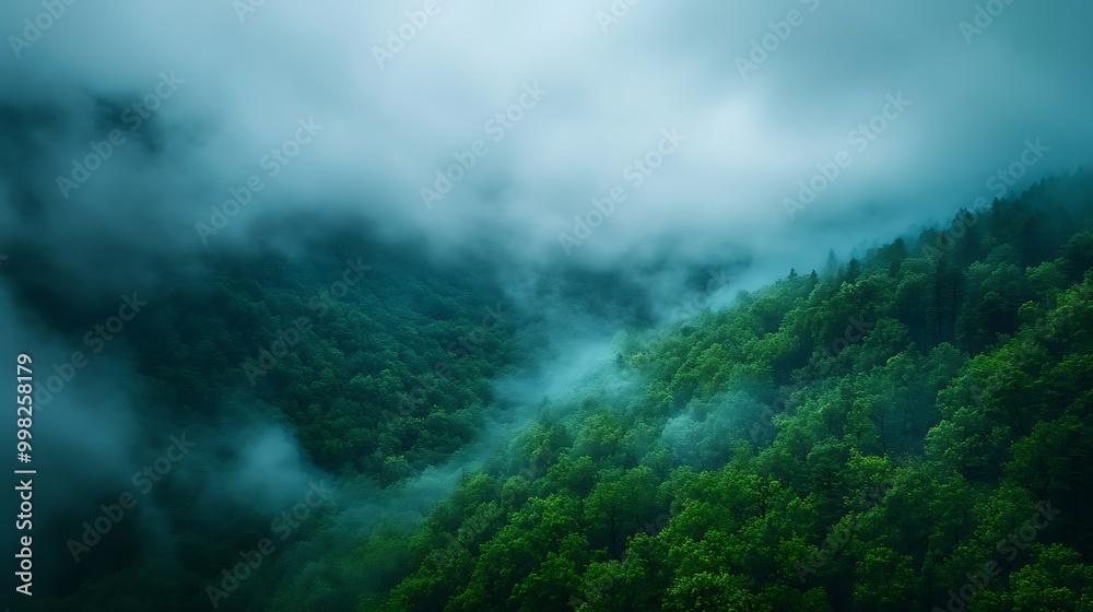 Lush green forest enveloped in misty clouds. Lush green forest enveloped in misty clouds.
