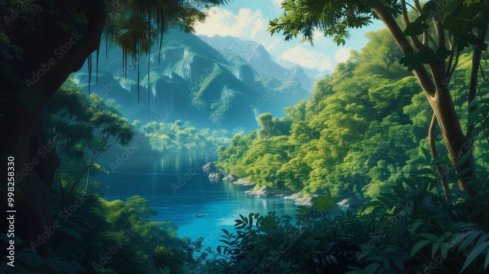 A tranquil scene of a lake nestled in a lush green valley, with mountains in the background, a small boat on the water, and sunlight filtering through the trees. A tranquil scene of a lake nestled in a lush green valley, with mountains in the background, a small boat on the water, and sunlight filtering through the trees.
