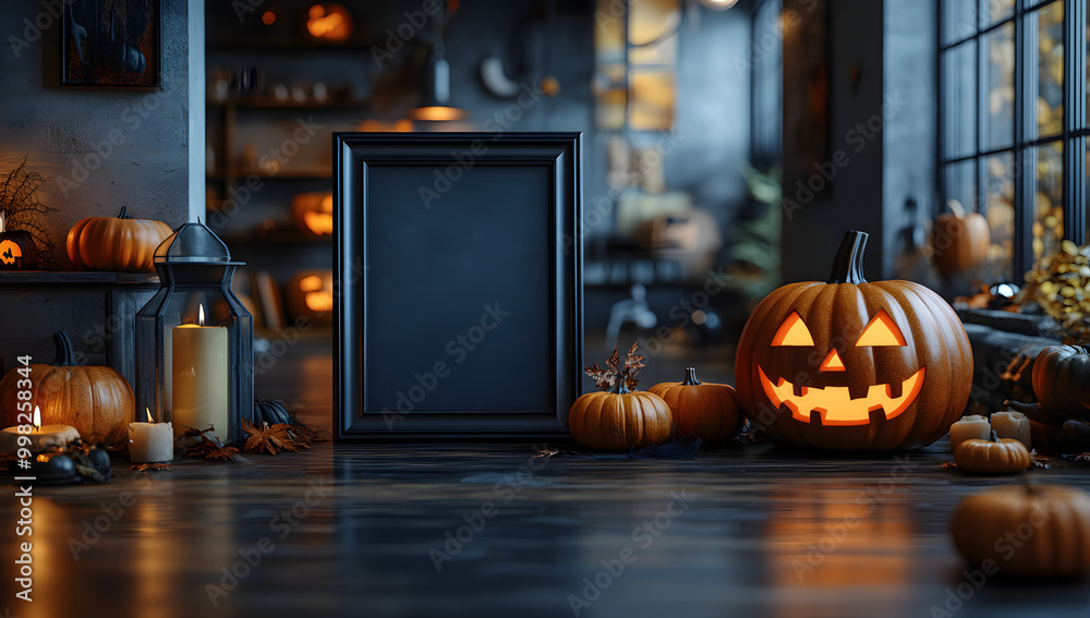 Fototapeta premium This enchanting setup features multiple glowing jack-o'-lanterns arranged near a vintage-style framed mirror