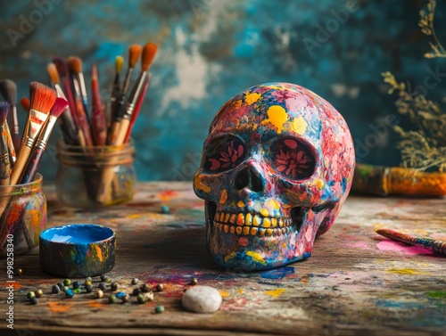 A colorful ceramic skull rests on a wooden table filled with paints, brushes, and decorative beads, showcasing a lively and artistic crafting environment