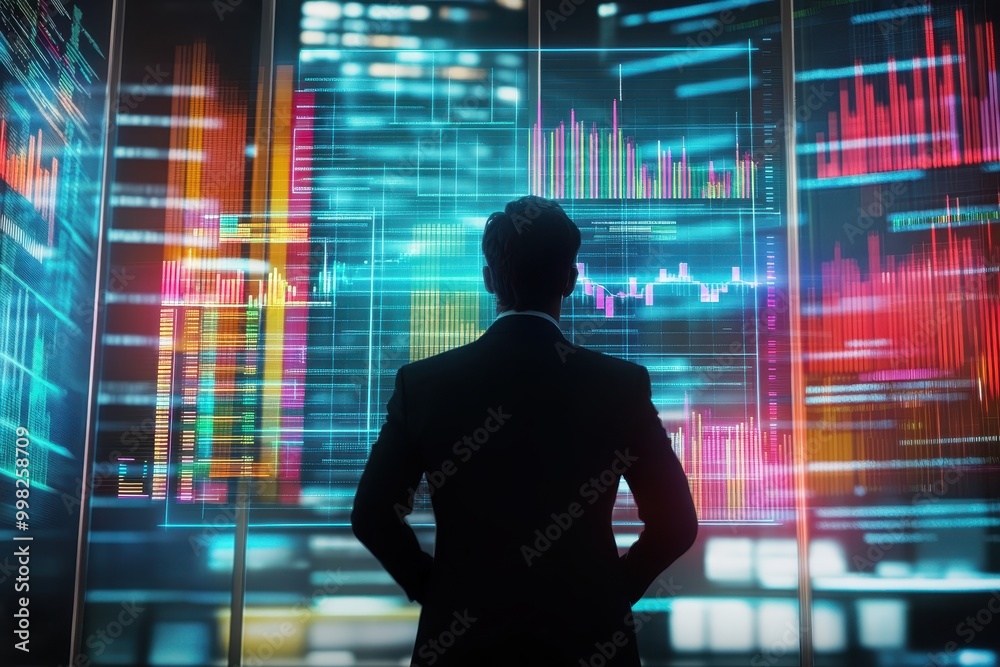 A business professional analyzes digital data visualizations in a modern office setting. A business professional analyzes digital data visualizations in a modern office setting.