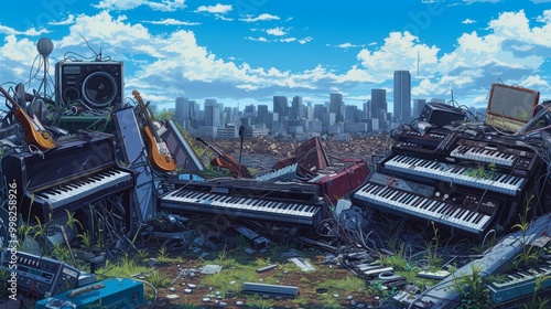 A junkyard with old musical instruments, electronics, and a city skyline in the background.