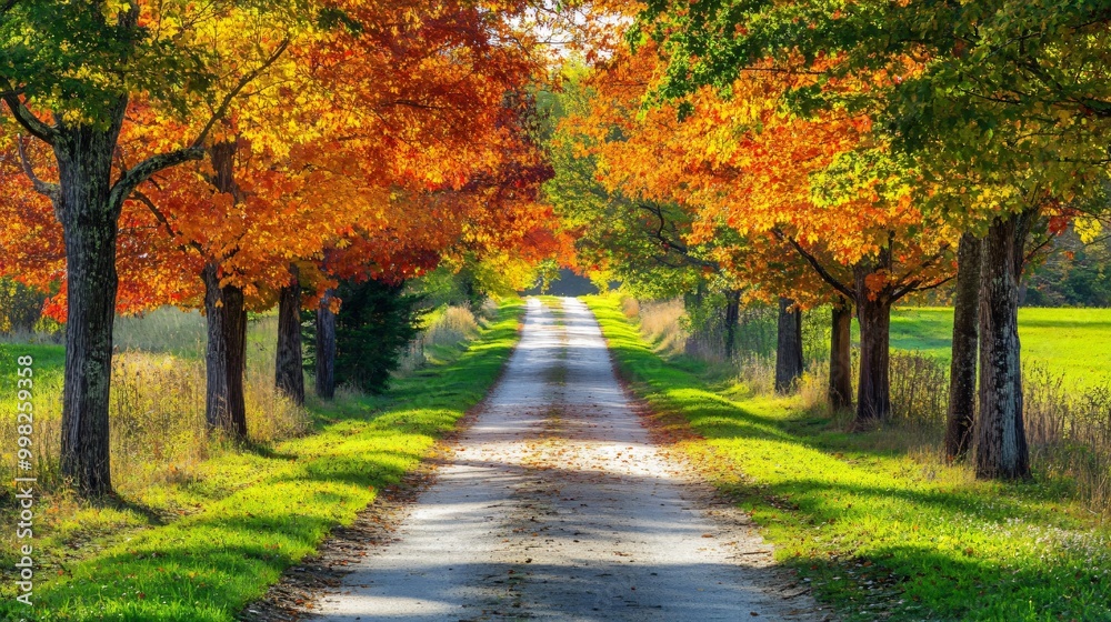 Fototapeta premium A dirt path lined with autumn trees in a forest.