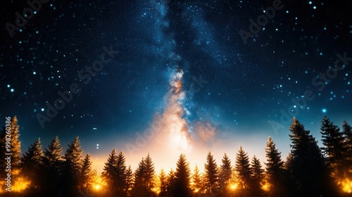 Long exposure sky with a glowing Milky Way above a dark forest, creating a mystical and enchanting setting for fantasy and adventure themes.