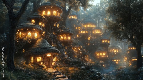 Enchanting Village of Glowing Homes Nestled in a Mystical Forest