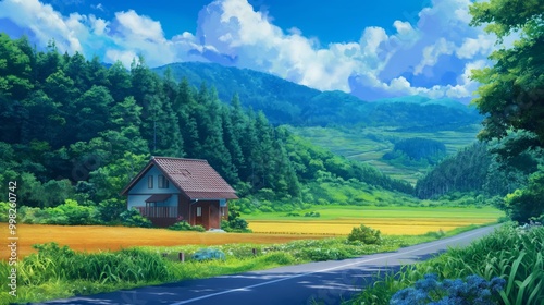 A small house sits on a hill overlooking a lush green valley with a winding road leading through it. The sky is a bright blue with puffy white clouds.