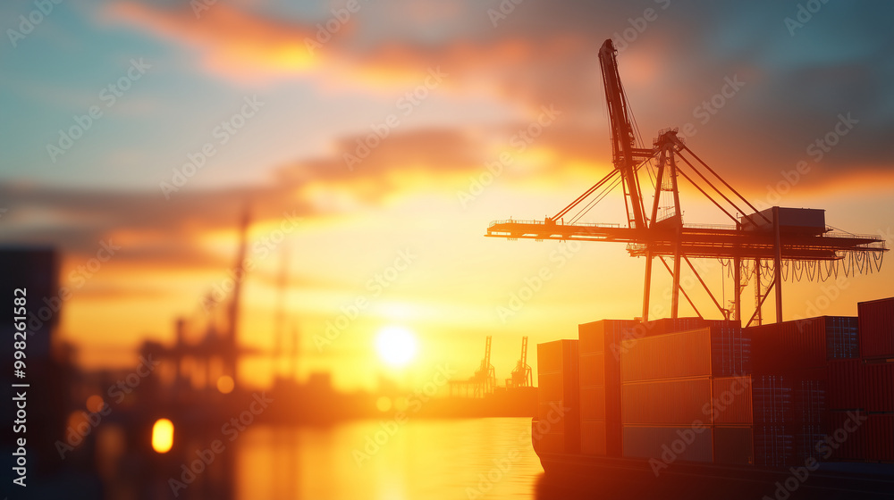 Cargo cranes at sunrise lifting multiple containers at a bustling seaport. The containers, painted in vibrant colors, are suspended in mid-air as the crane operators coordinate the Cargo cranes at sunrise lifting multiple containers at a bustling seaport. The containers, painted in vibrant colors, are suspended in mid-air as the crane operators coordinate the