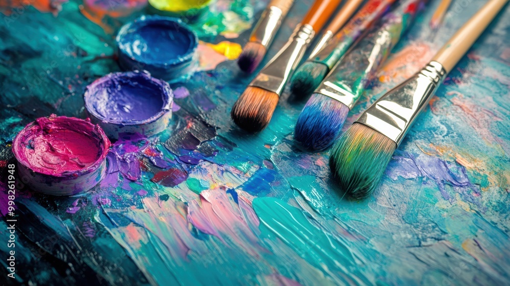 Obraz premium Brightly colored paints and brushes are arranged artfully on a textured canvas, showcasing creativity through abstract brushstrokes. Generative AI
