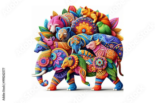 Colorful animal 3D Mandala design without shadow, white background