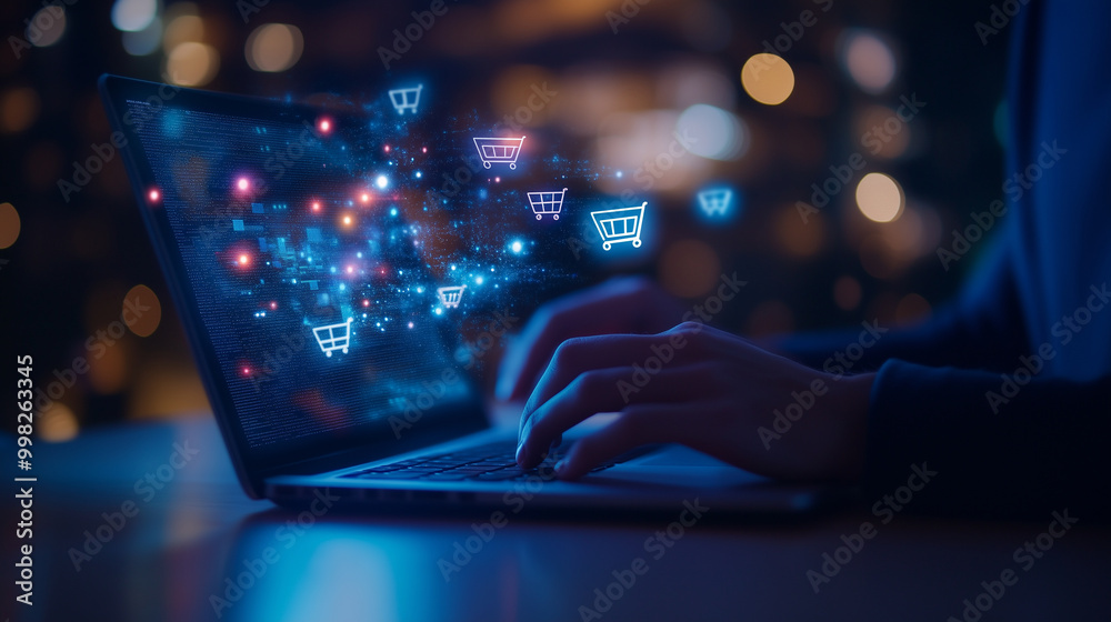 Digital shopping spree with virtual icons The scene focuses on a person sitting at a desk, using a laptop with an open ecommerce website. Colorful virtual shopping cart icons and g Digital shopping spree with virtual icons The scene focuses on a person sitting at a desk, using a laptop with an open ecommerce website. Colorful virtual shopping cart icons and g