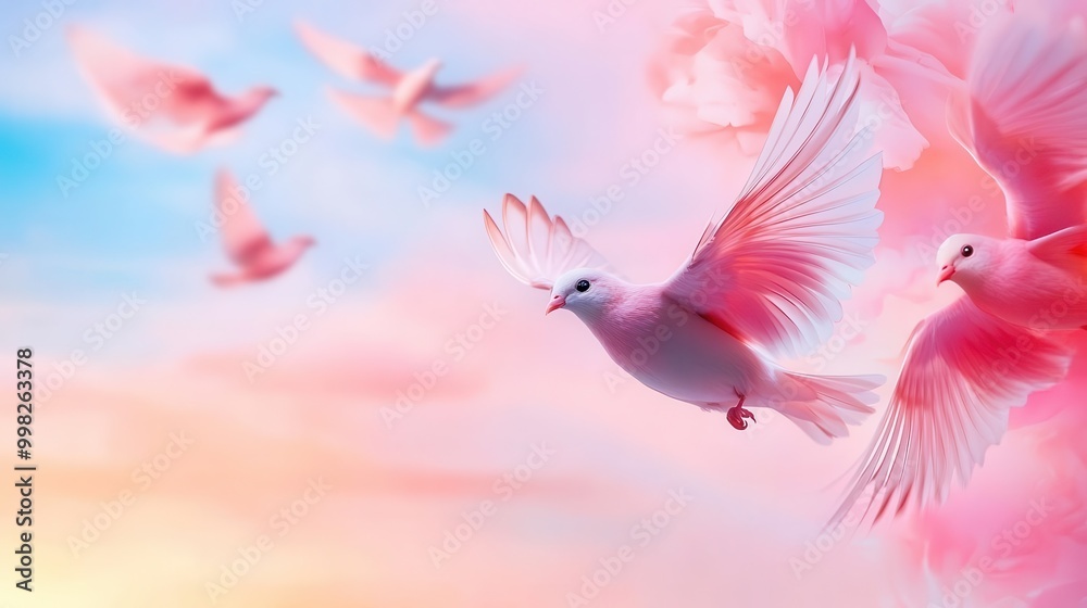 Obraz premium Pink sky with silhouettes of birds flying, perfect for inspirational and motivational themes in social media graphics.