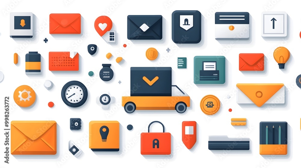 a vector pattern featuring essential postal icons, such as envelopes, stamps, mail trucks, post office boxes, and sorting machines. postal icons and tools, world post day a vector pattern featuring essential postal icons, such as envelopes, stamps, mail trucks, post office boxes, and sorting machines. postal icons and tools, world post day