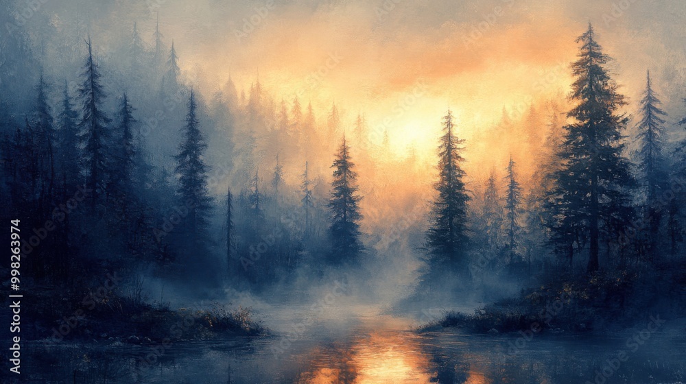 Serene Misty Forest at Sunrise: A Tranquil Landscape of Trees and Water Serene Misty Forest at Sunrise: A Tranquil Landscape of Trees and Water