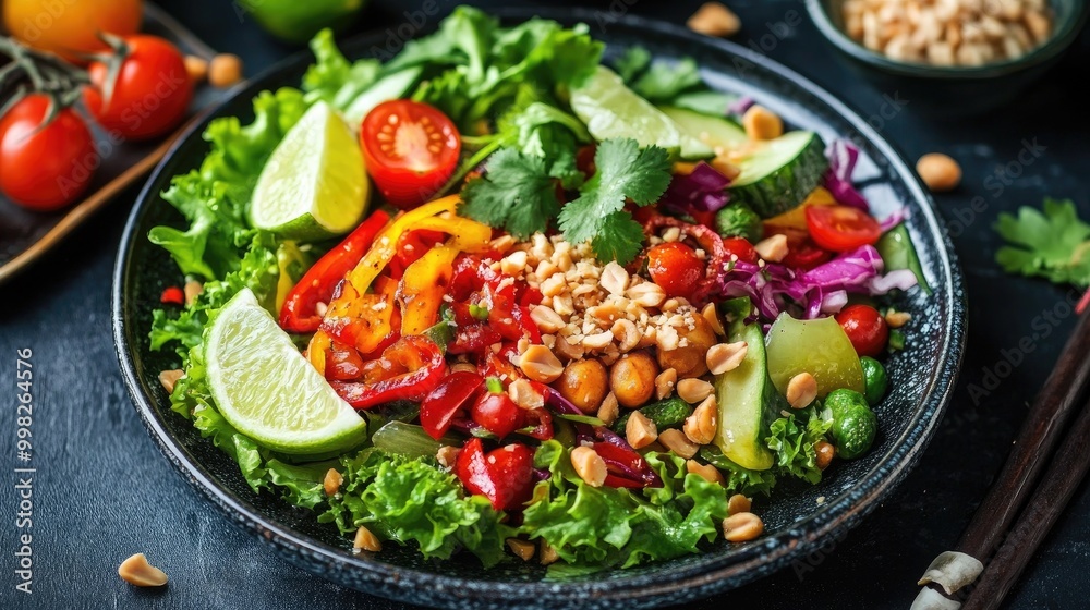 A vibrant plate of fresh garnished with crushed peanuts, lime wedges, and cherry tomatoes, showcasing the colorful ingredients that make this Thai salad a favorite. A vibrant plate of fresh garnished with crushed peanuts, lime wedges, and cherry tomatoes, showcasing the colorful ingredients that make this Thai salad a favorite.