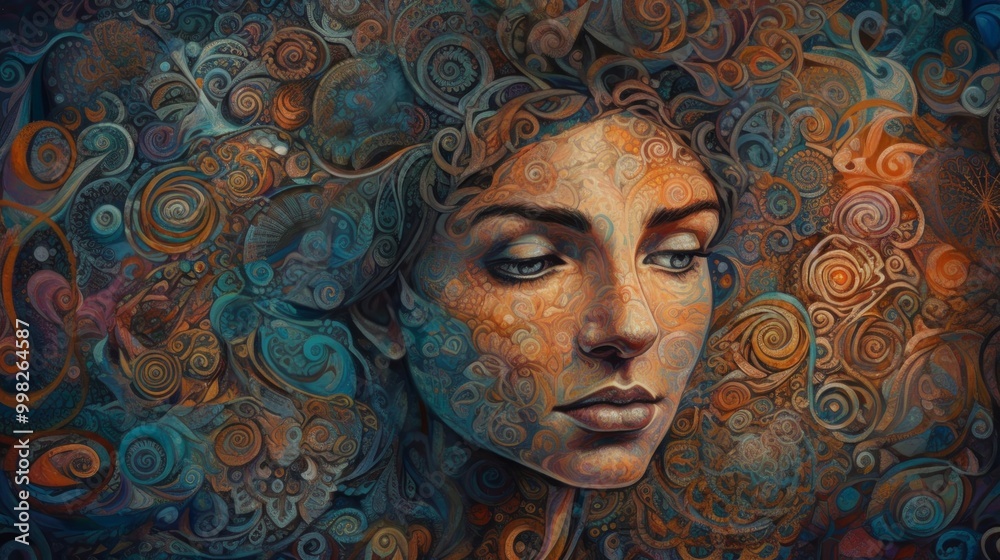 A surreal portrait blending human features with intricate patterns. A surreal portrait blending human features with intricate patterns.