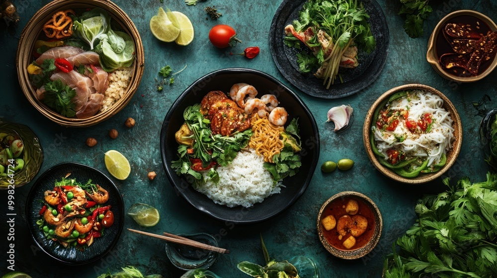 A Table Spread with Various Asian Dishes and Garnishes A Table Spread with Various Asian Dishes and Garnishes