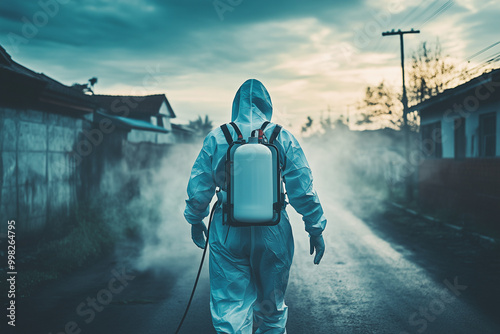 Rear view of a healthcare worker in protective gear, using a fogging machine to spray chemicals in an open community area, fog billowing as part of a mosquito elimination campaign. photo