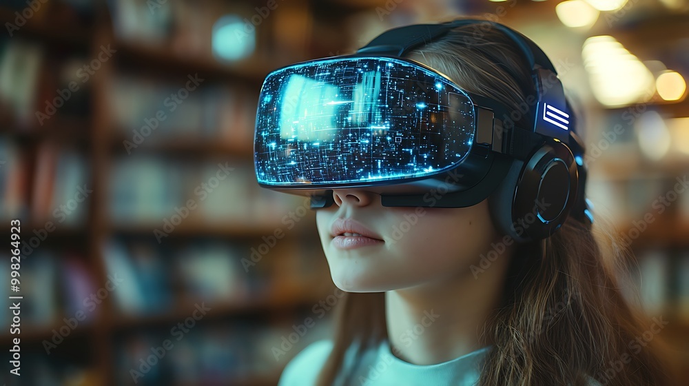 School student with VR headset using AI artificial intelligence technology & machine learning. Interactive technology in classroom. Innovation & smart tech. AI blue hologram in education School student with VR headset using AI artificial intelligence technology & machine learning. Interactive technology in classroom. Innovation & smart tech. AI blue hologram in education